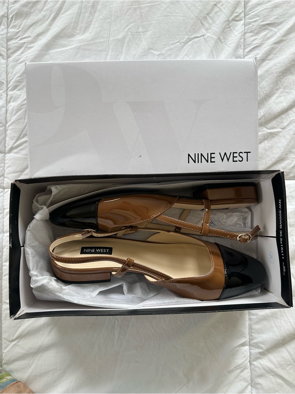 Nine West Cloude Brown and Black Patent Slingback Flats